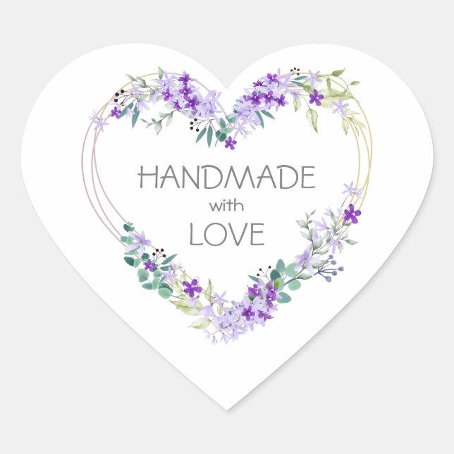 Purple Handmade with Love Quote Floral Heart Sticker (Front)