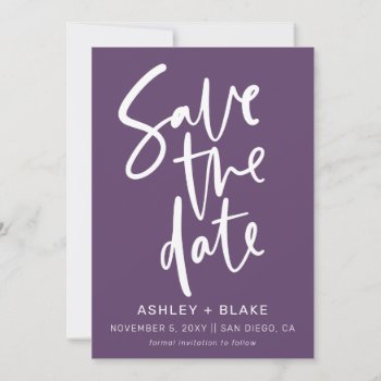 Purple Handwritten Calligraphy Save The Date by blessedwedding at Zazzle