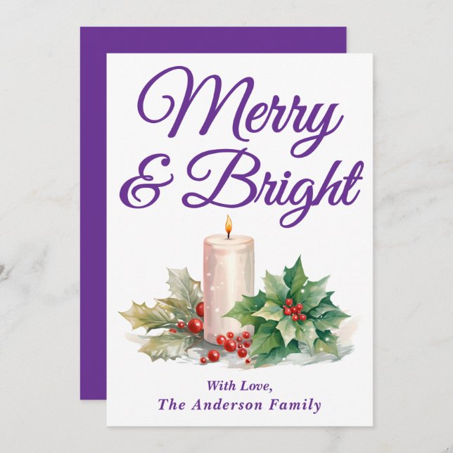 Purple Handwritten Script Merry & Bright Holiday Card (Front/Back)