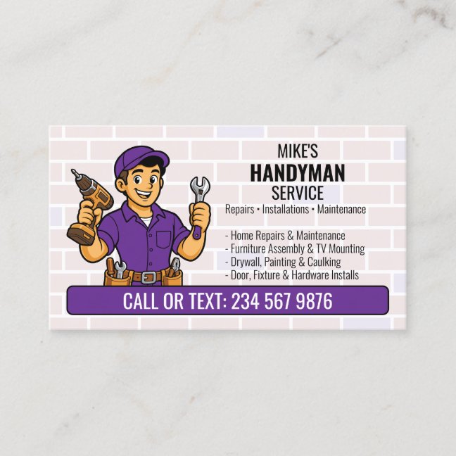 Purple Handyman Cartoon Man Tool QR Home Repair Business Card