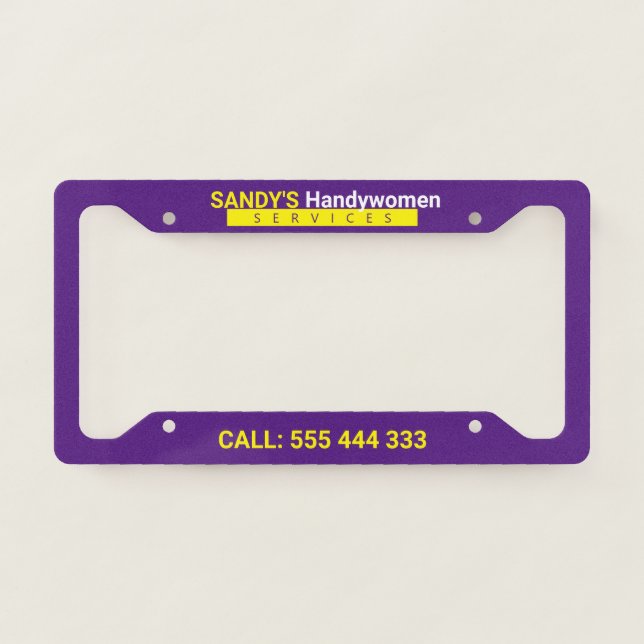 Purple Handywomens Business License Plate Frame (Front)