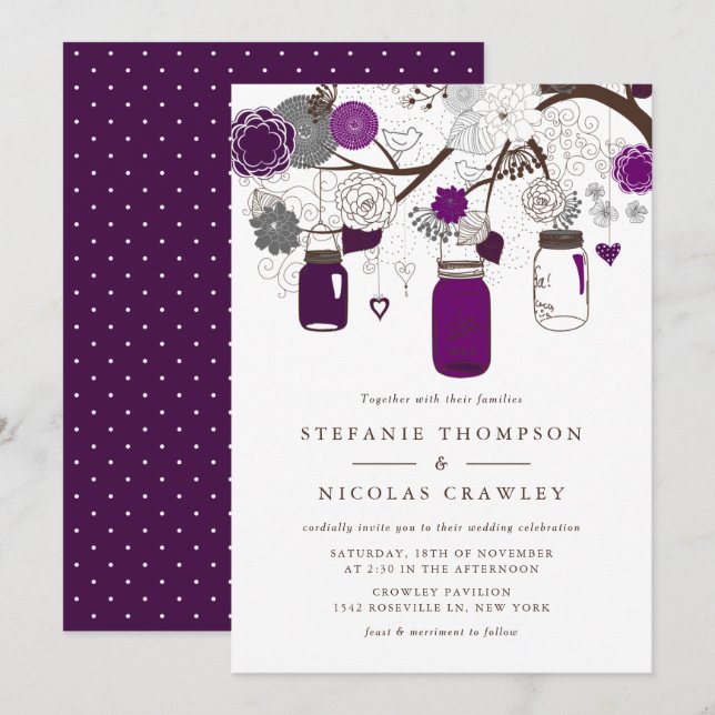 Purple Hanging Mason Jars Wedding Invitation (Front/Back)