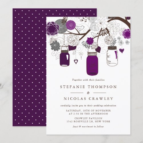 Purple Mason Jars and Flowers Wedding Invitation