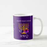 Purple HANUKKAH Monogram Coffee Mug<br><div class="desc">Elegant, stylish purple HANUKKAH coffee mug, designed with faux gold menorah, colorful Star of David and silver colored dreidel plus CUSTOMIZABLE MONOGRAM and GREETING in Hebrew, so you can add your initials and create your own greeting. There is a subtle tiled pattern of the Star of David in the background....</div>
