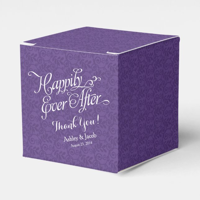 Purple Happily Ever After Personalized Wedding Favor Boxes (Front Side)