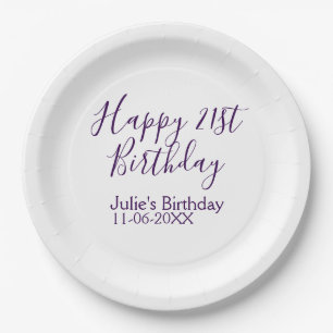 Purple happy 21st birthday name date Keychain Paper Plates