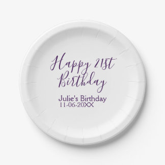 Purple happy 21st birthday name date Keychain Paper Plates