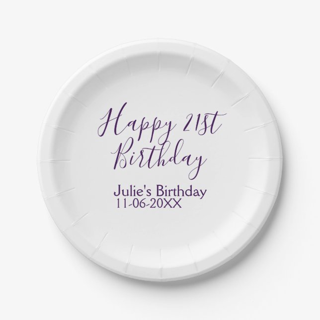 Purple happy 21st birthday name date Keychain Paper Plates (Front)
