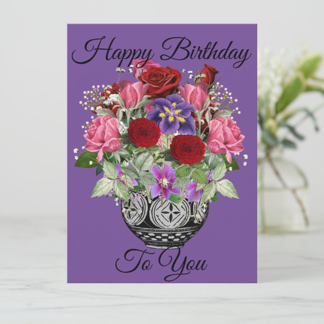 Purple Happy Birthday Floral Bouquet with Roses Card (Standing Front)