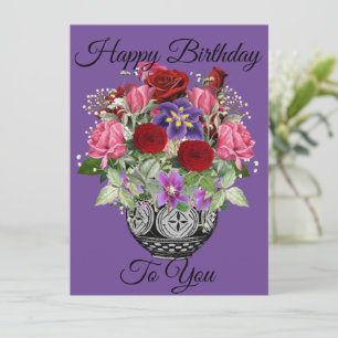 Purple Happy Birthday Floral Bouquet with Roses Card