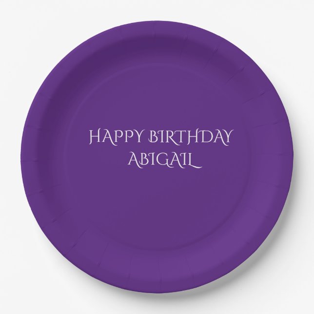 Purple happy birthday personalized name plates. paper plates (Front)