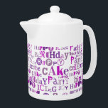 Purple Happy Birthday Teapot<br><div class="desc">Monochromatic purple Happy Birthday text pattern</div>