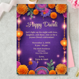 Purple Happy Diwali Holiday Lamps Light Invitation