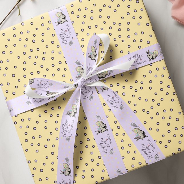 Purple Happy Easter Bunny Rabbit and Eggs Name Grosgrain Ribbon (Pastel Purple Bunny and Egg Happy Easter Pattern Ribbon for Easter Parties and Celebrations. )