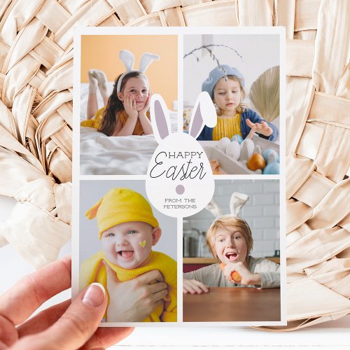Purple happy Easter ears eggs 4 photos collage Holiday Card