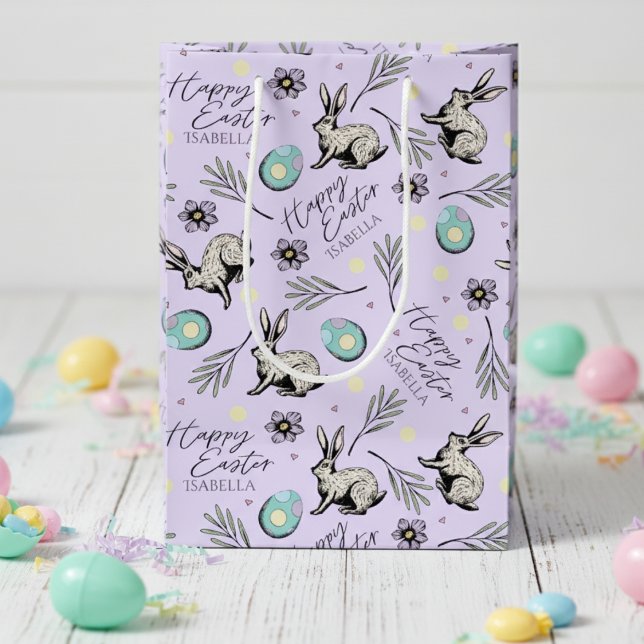 Purple Happy Easter Name Bunny Medium Gift Bag (Cute Happy Easter Pastel Purple Gift Bags for Kids Egg Hunt with Name. Bunny Rabbit, Eggs & Flowers)
