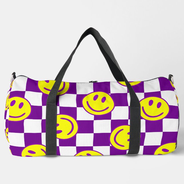 purple happy face check groovy duffle bag (Front)