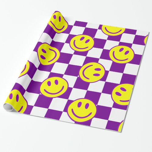 purple happy face check groovy wrapping paper