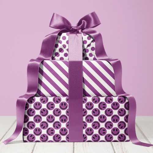 Purple Happy Face Stripes And Polka Dot Wrapping Paper Sheets