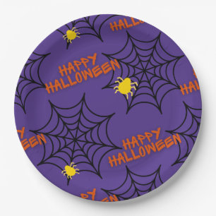 Purple Happy Halloween Spider Web Paper Plates