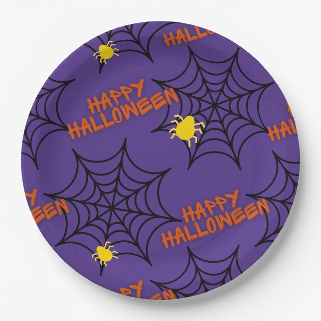 Purple Happy Halloween Spider Web  Paper Plates (Front)