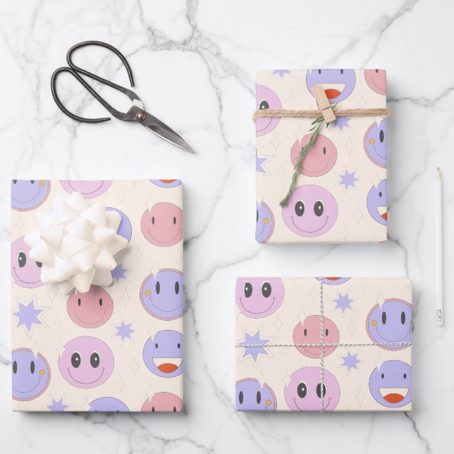 Purple happy  smile pattern wrapping paper sheets (Front)