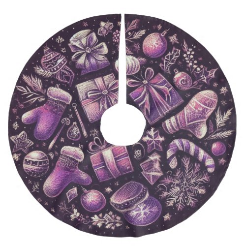 Purple Hard Pastels Drawing Christmas Motifs Brushed Polyester Tree Skirt