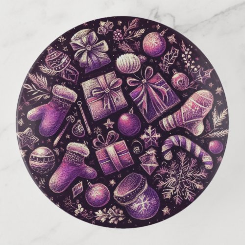 Purple Hard Pastels Drawing Christmas Motifs Trinket Tray