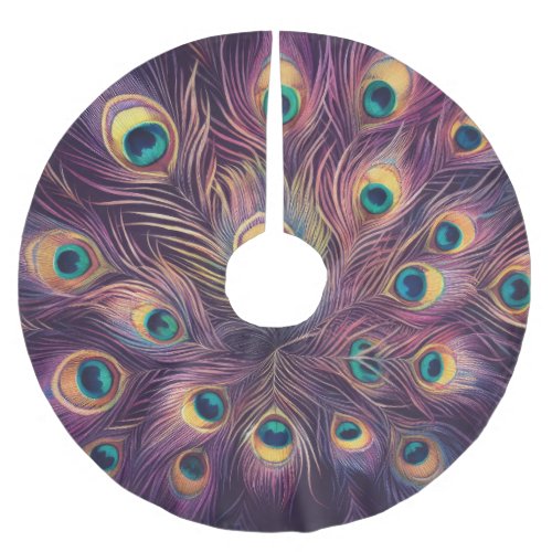 Purple Hard Pastels Drawing Peacock Feathers Brushed Polyester Tree Skirt
