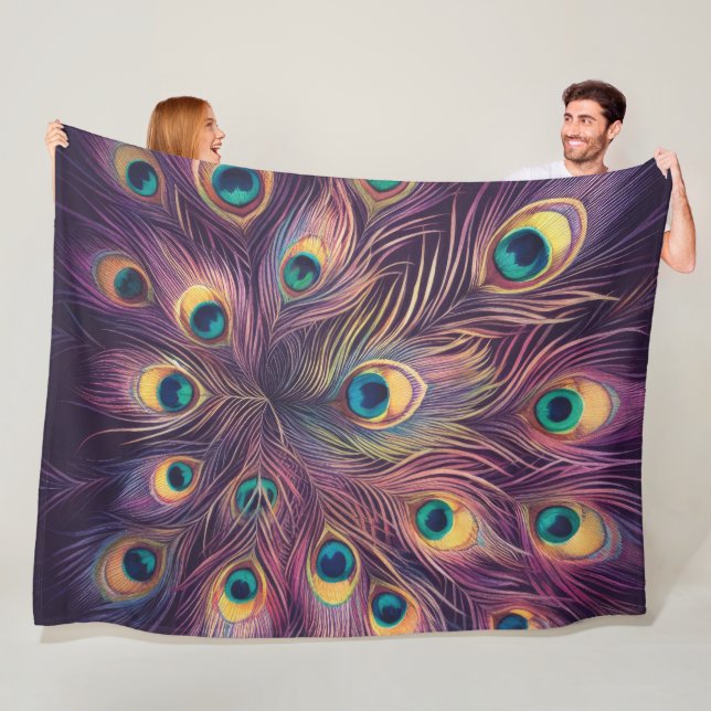 Purple Hard Pastels Drawing Peacock Feathers Fleece Blanket (In Situ)