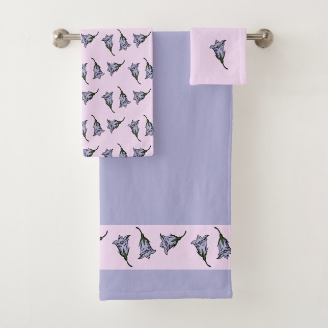 Purple harebell flower on pink bath towel set (Insitu)