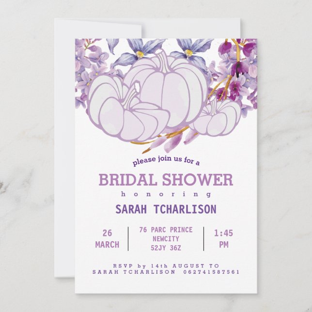 Purple Harvest Pumpkin Floral Bridal Shower  Invitation (Front)