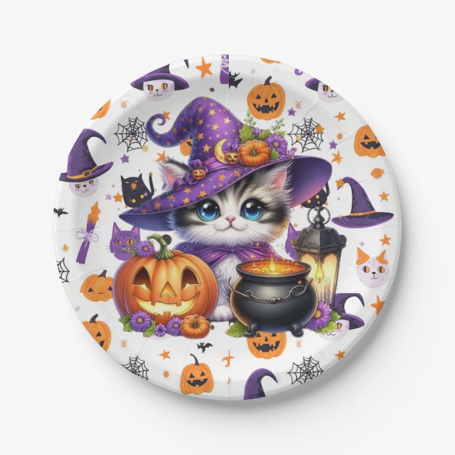 Purple Hat Cat For Halloween  Paper Plates (Front)
