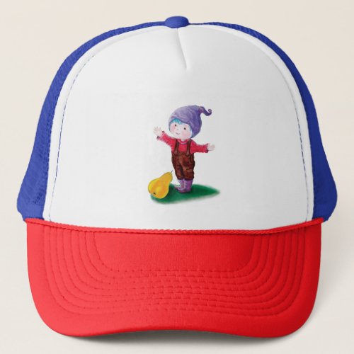 Purple Hat Gnome with Blue Hair and Pear
