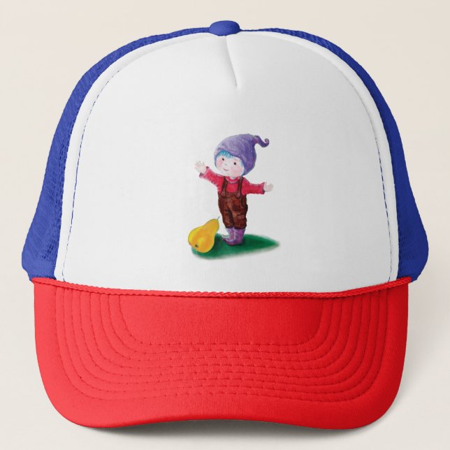 Purple Hat Gnome with Blue Hair and Pear (Front)