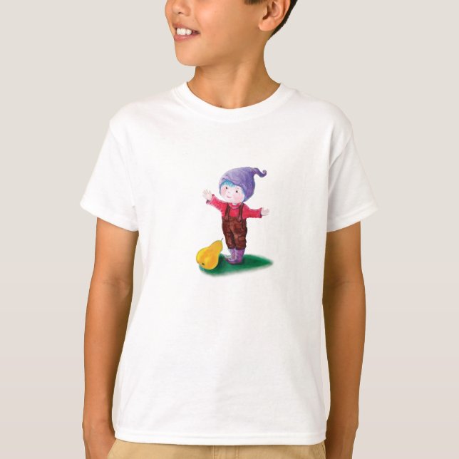 Purple Hat Gnome with Blue Hair and Pear T-Shirt (Front)