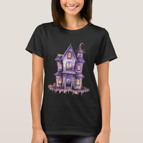 Purple Haunted House Black Halloween T_Shirt