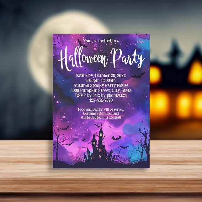 Purple Haunted House Ink Halloween Party Invitation (purple haunted house invitation)