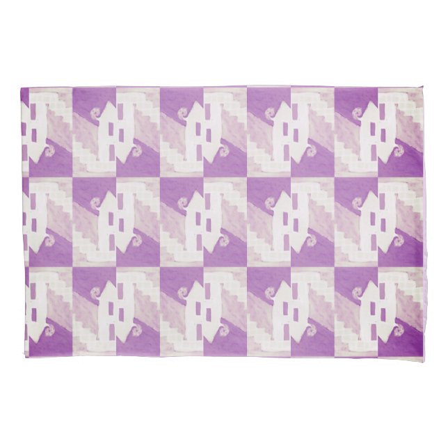 Purple Haunted Hues: Halloween House Pattern Pillow Case (Front)
