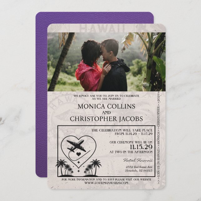 Purple Hawaii Passport Wedding Invitation (Front/Back)