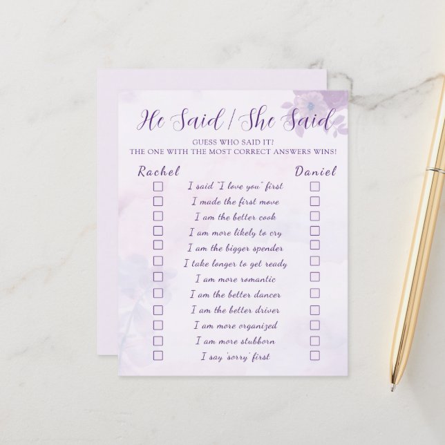 Purple He Said She Said Bridal Shower Game (Front/Back In Situ)
