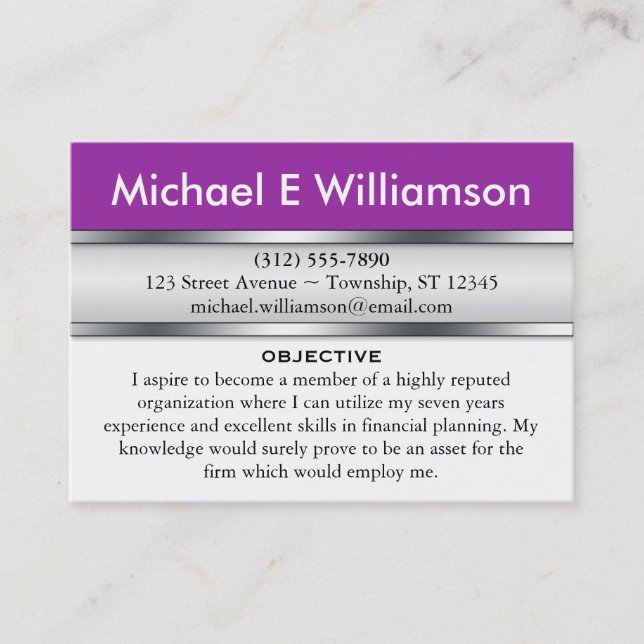 Purple Header RESUME Business Cards (Front)