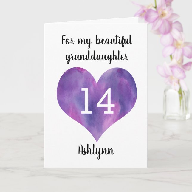Purple Heart 14th Granddaughter Birthday Card (Orchid)
