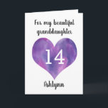Purple Heart 14th Granddaughter Birthday Card<br><div class="desc">A personalized 14th birthday card for granddaughter that features a purple watercolor heart. You can personalize the watercolor heart with the age you need and add her name underneath the heart. The inside card message reads a heartfelt birthday message,  which also be easily personalized if wanted.</div>