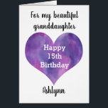 Purple Heart 15th Birthday Granddaughter<br><div class="desc">A personalized 15th birthday granddaughter card that features a  purple heart,  which you can personalize  underneath with her name. The inside of this 15th birthday card reads a sweet sentiment for her,  which can also be personalized if wanted. This would make a unique birthday keepsake for her.</div>