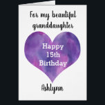 Purple Heart 15th Birthday Granddaughter Cards<br><div class="desc">A personalized 15th birthday granddaughter card that features a  purple heart,  which you can personalize  underneath with her name. The inside of this 15th birthday card reads a sweet sentiment for her,  which can also be personalized if wanted. This would make a unique birthday keepsake for her.</div>