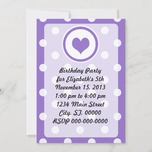 Purple Heart and Polka Dots Birthday Custom Invite