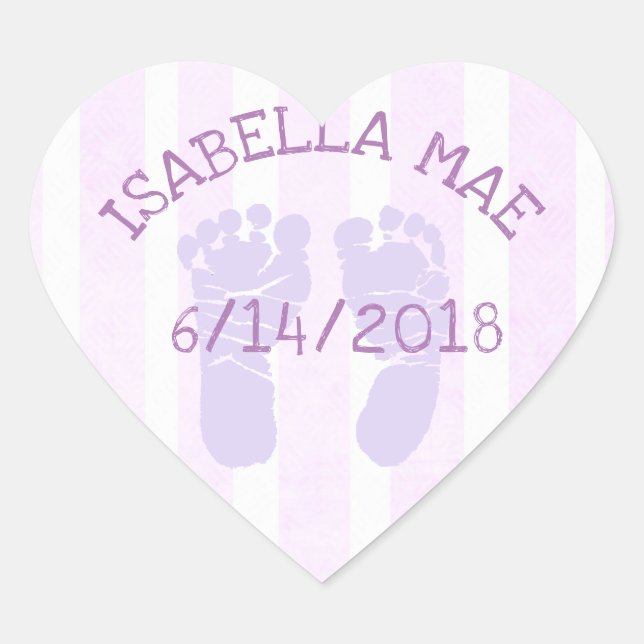 Purple Heart Baby Announcement Footprints Heart Sticker (Front)