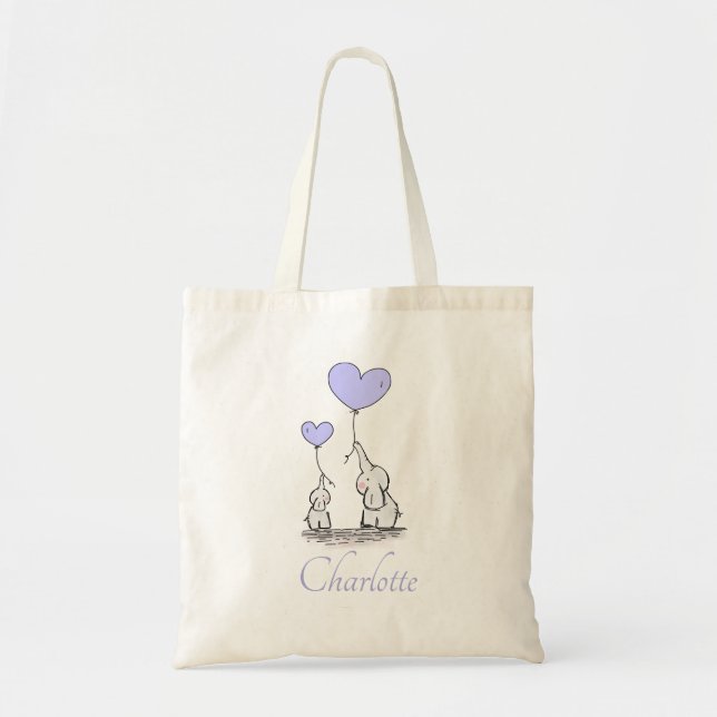 Purple Heart Balloons Girl Elephant Baby Shower Tote Bag (Front)