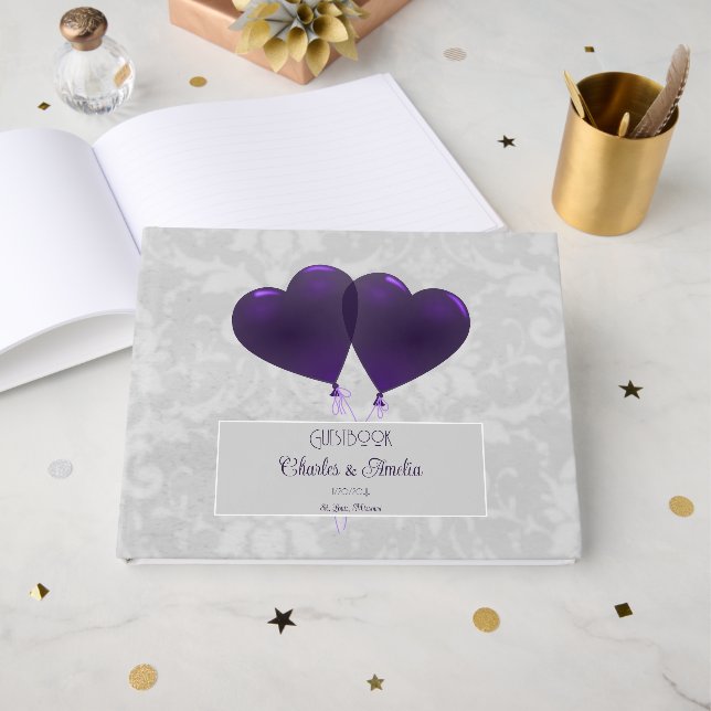 Purple Heart Balloons Wedding Guest Book (Front Open)